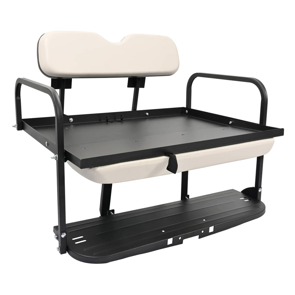 Rear flip-back golf cart seat, off-white cushion with black metal platform and frame