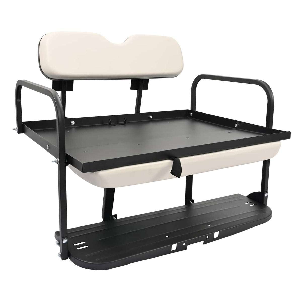 Rear flip-back golf cart seat, off-white cushion with black metal platform and frame