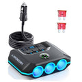 Car 7-in-1 power splitter with black body, blue USB ports, and lighter plug