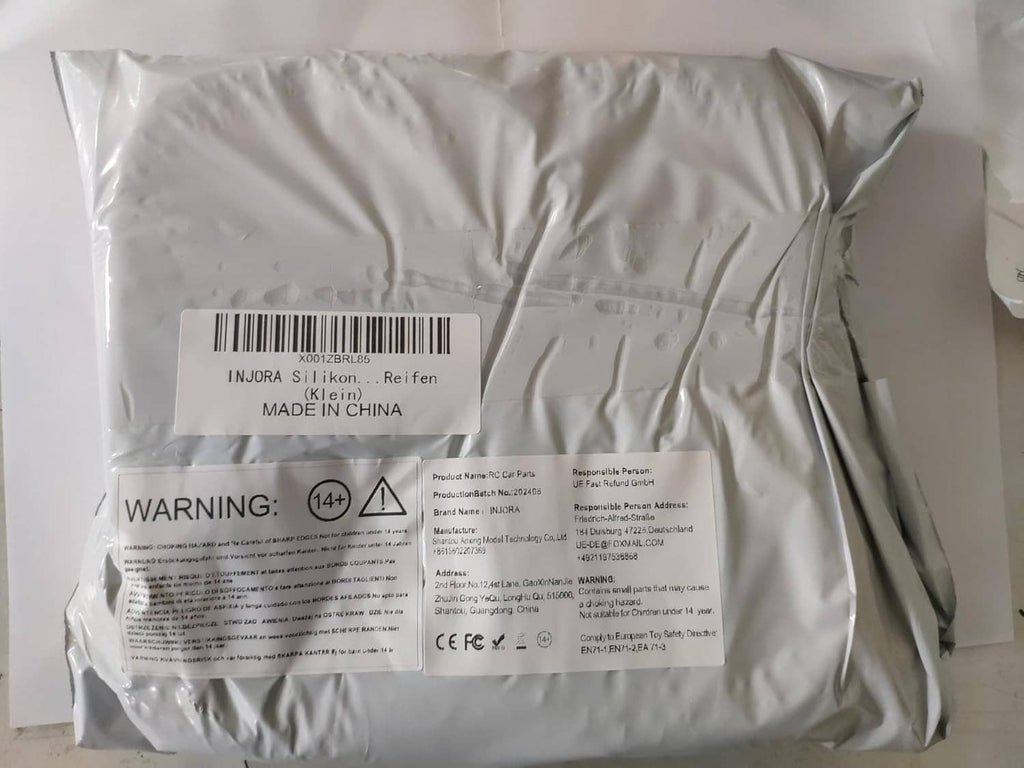 Sealed INJORA tire insert package bag with warning and product info label