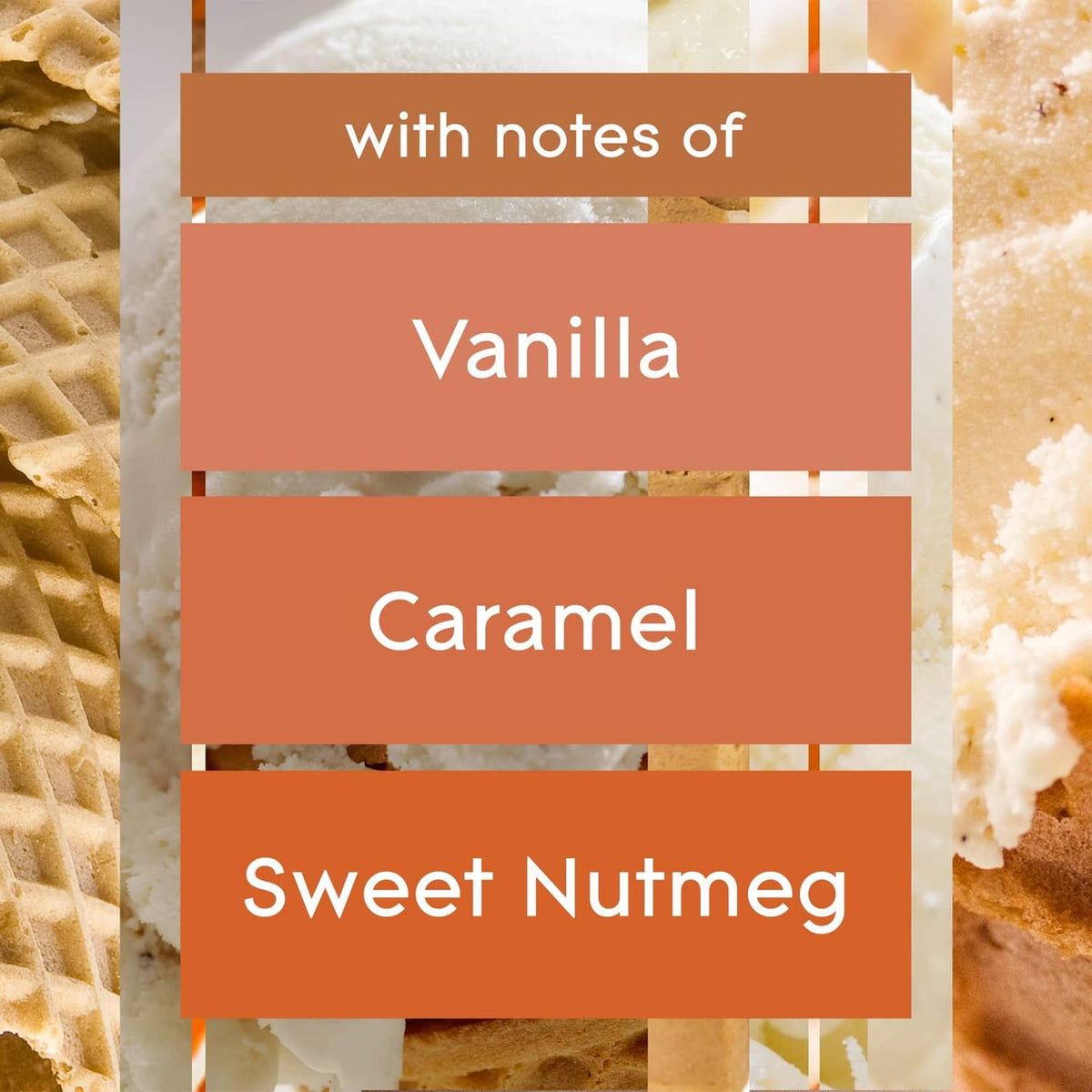 Scent notes graphic listing vanilla, caramel, and sweet nutmeg
