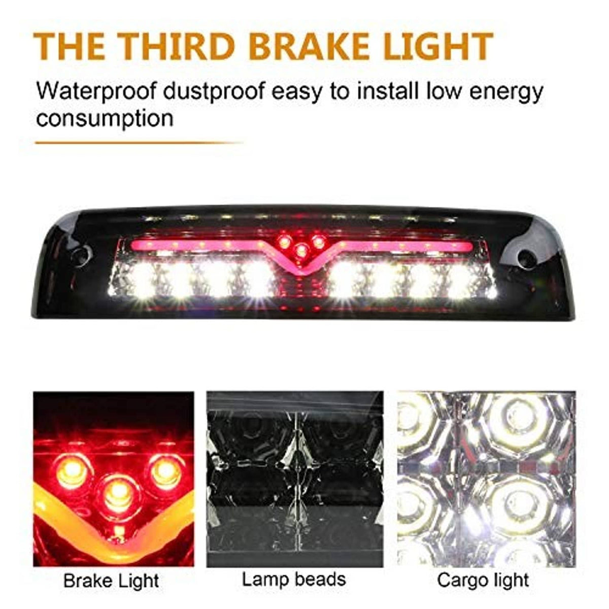 LED third brake light with smoked lens and chrome housing; bright white LEDs and red outline