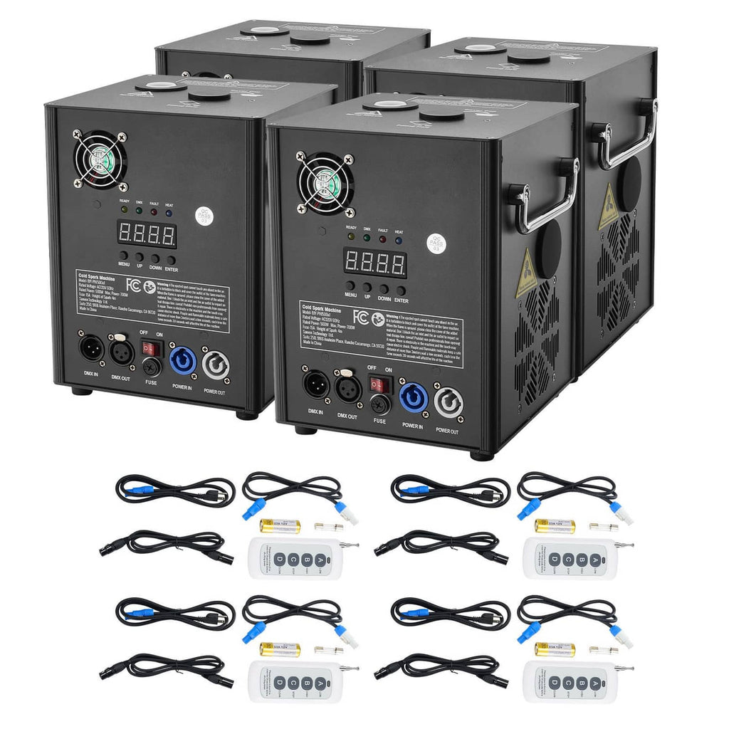 Three cold spark firework machines with black housings and bundled power cables