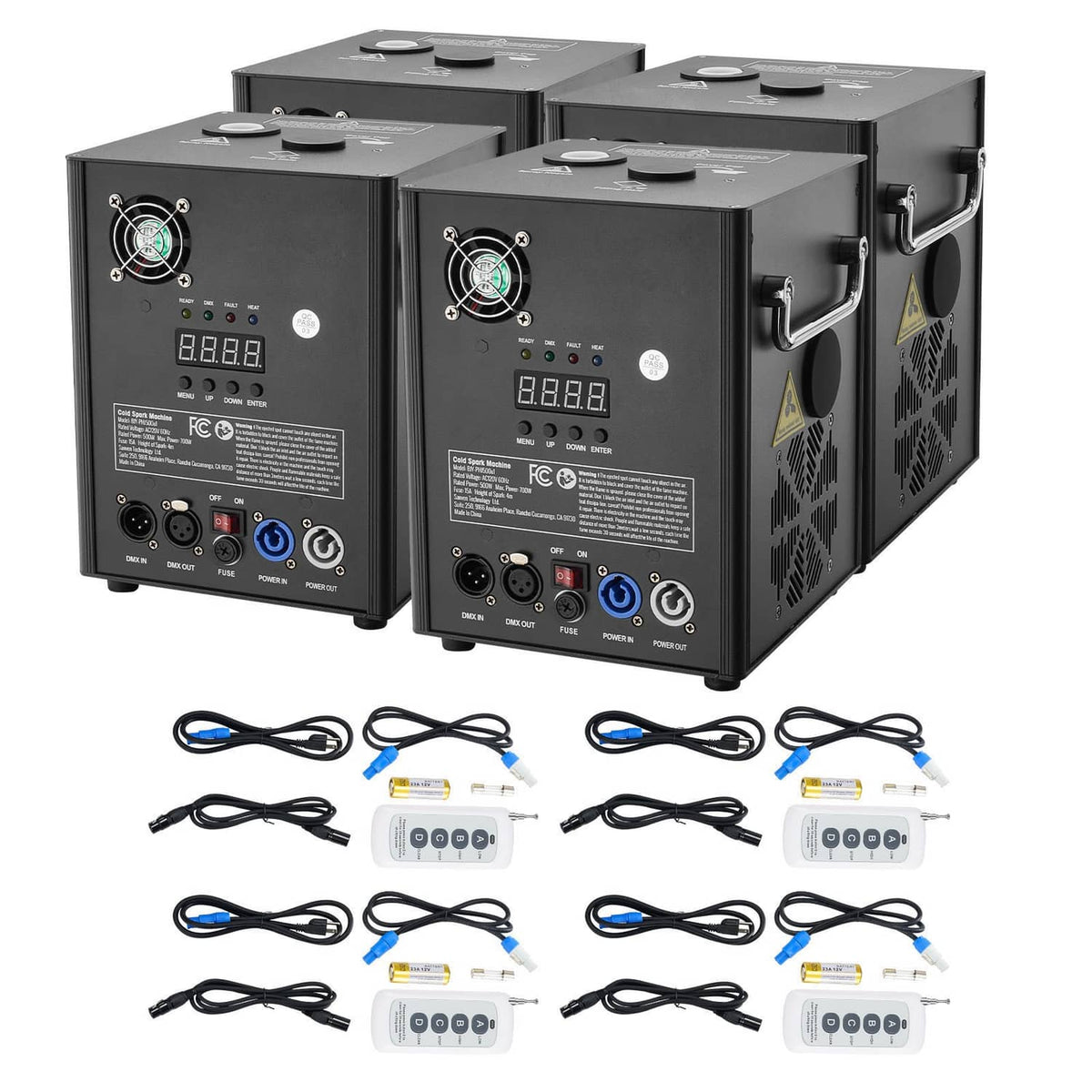 Three cold spark firework machines with black housings and bundled power cables