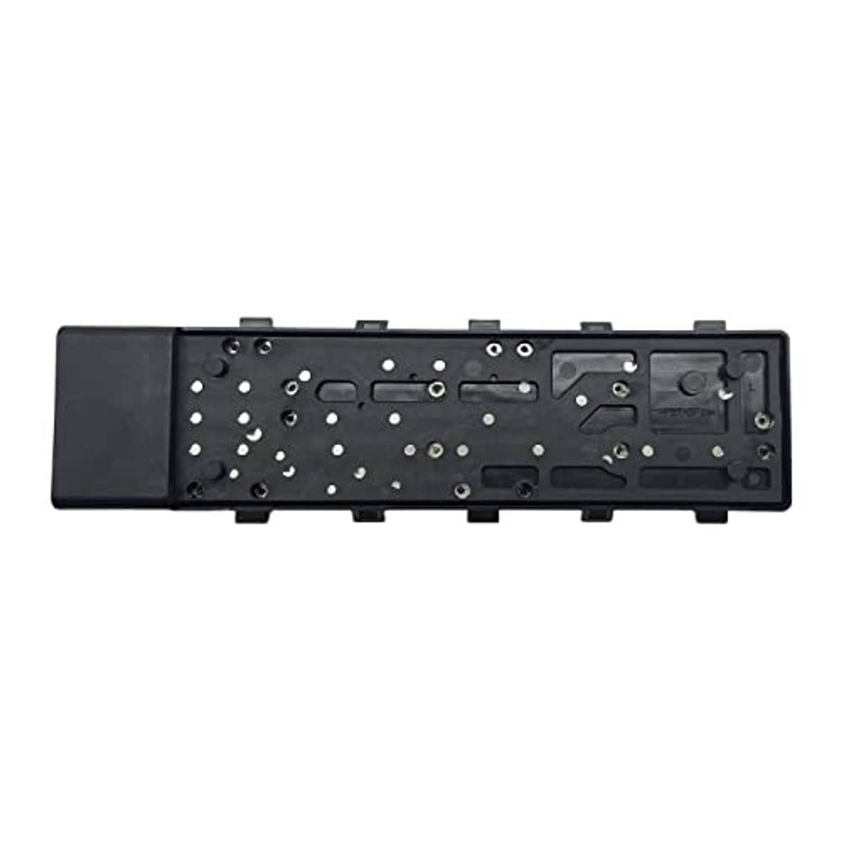 Power seat control switch interior with exposed metal contacts, dark plastic housing