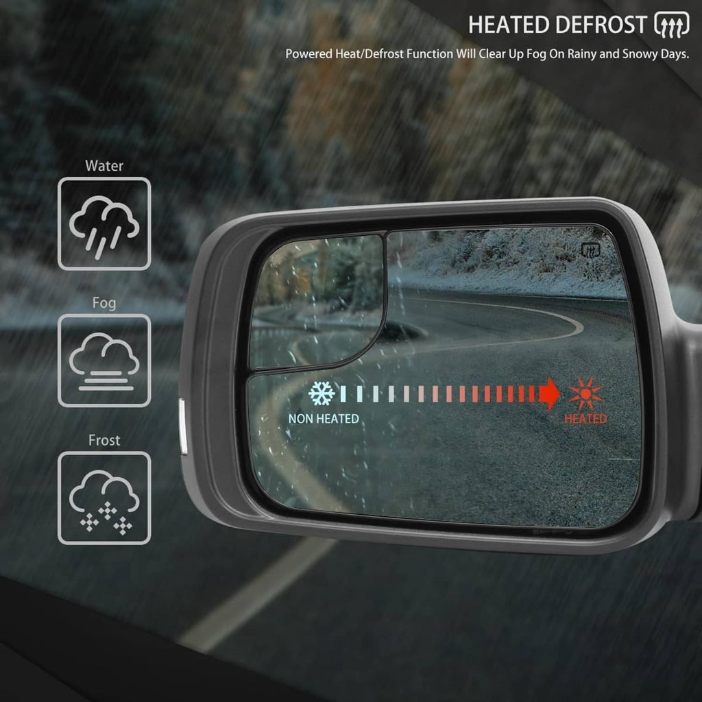 Heated left mirror glass for clear view with defrost function, shown with heating icon
