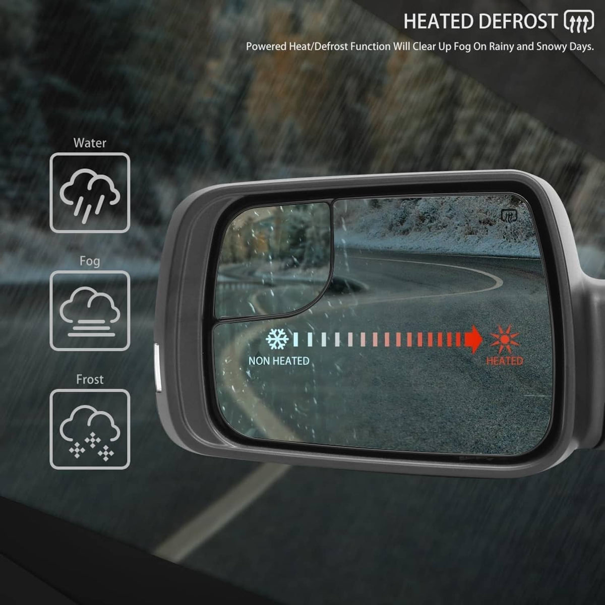 Heated left mirror glass for clear view with defrost function, shown with heating icon