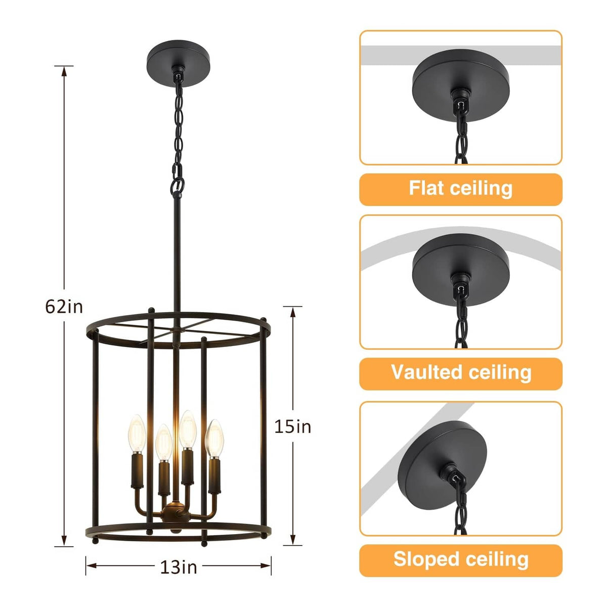Matte black 4-light chandelier with round canopy and vertical chain, metal cage frame