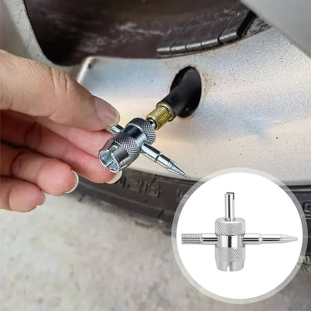 Valve core removal tool connecting to a tire valve stem with inset close-up