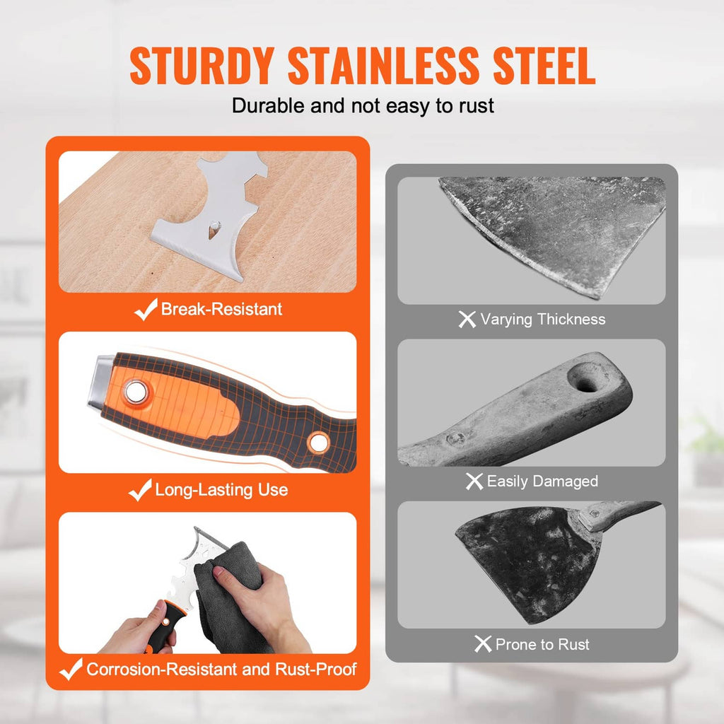 Stainless steel scraper blades with orange-black handle, rust-resistant design
