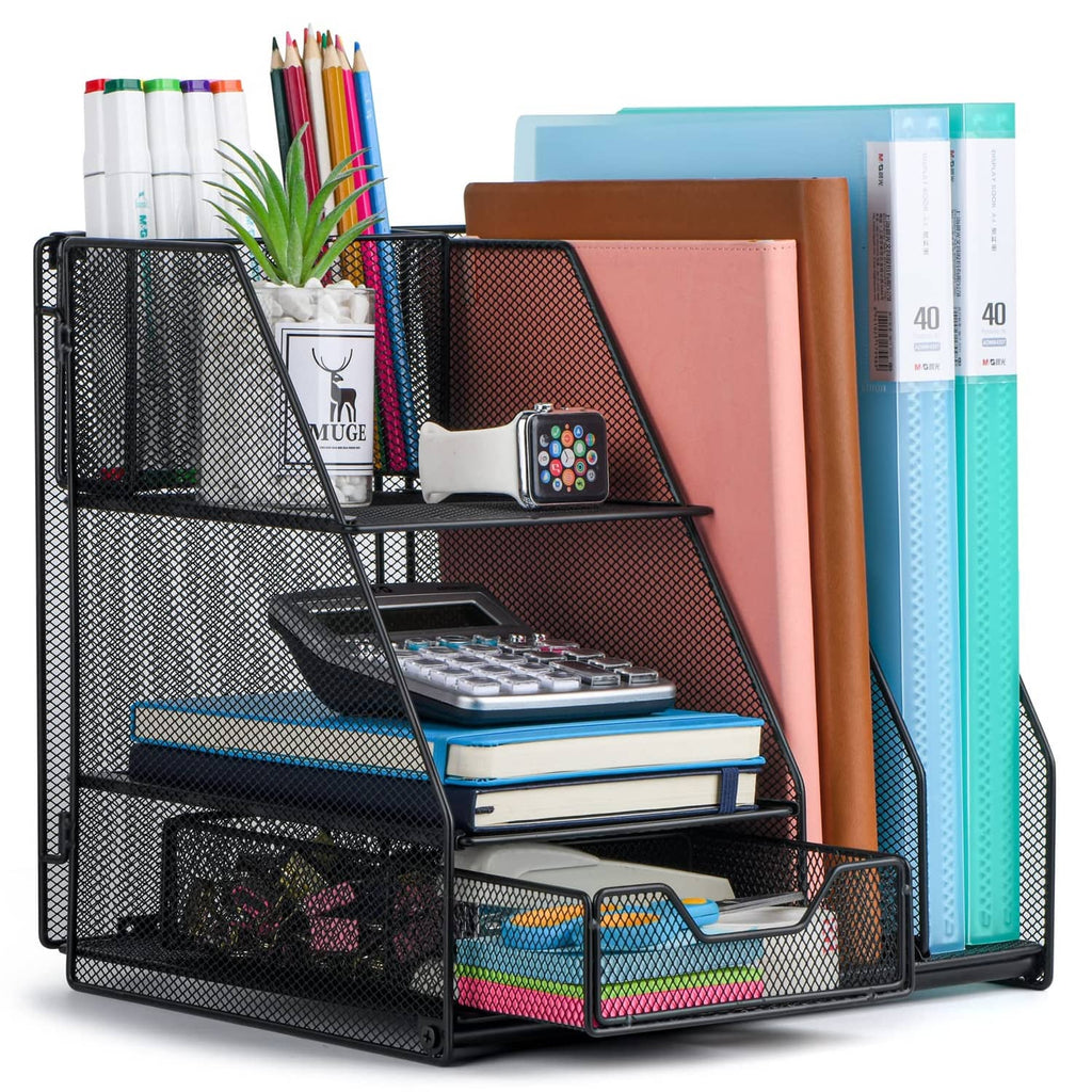 Black metal mesh desk organizer with two tiers and front tray for documents