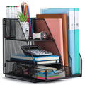 Black metal mesh desk organizer with two tiers and front tray for documents