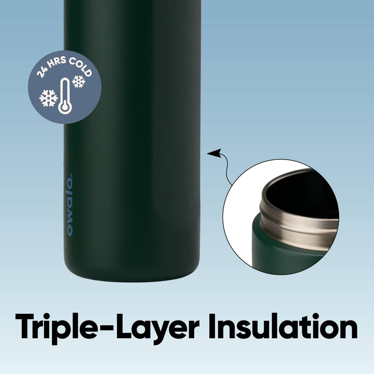 Dark green insulated stainless steel bottle with triple-layer insulation, 24 oz