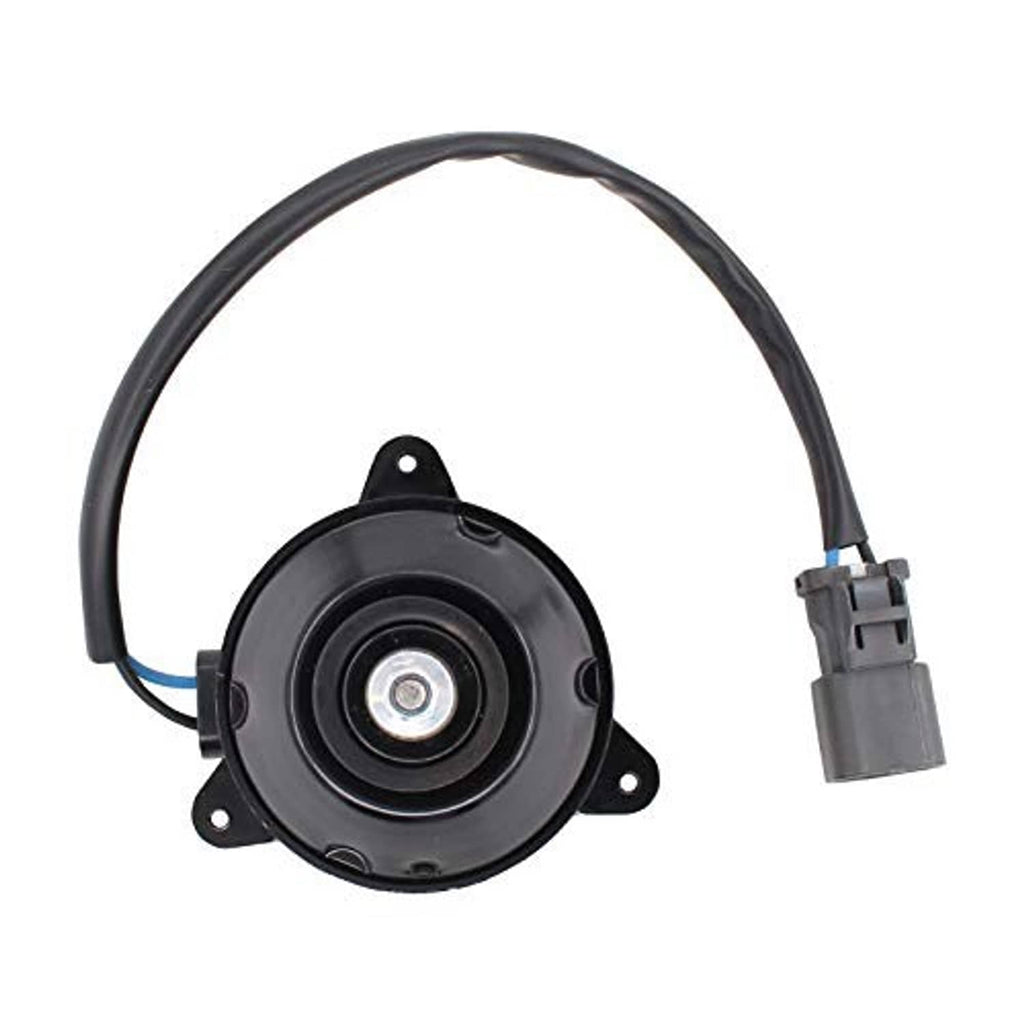 Cooling fan motor with circular black base, mounting holes, and gray wire plug