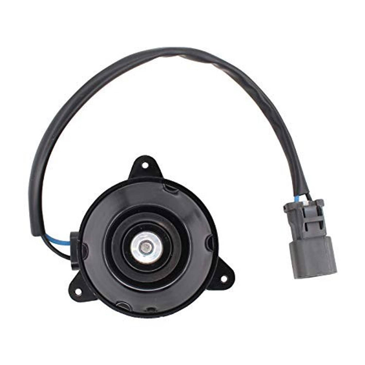 Cooling fan motor with circular black base, mounting holes, and gray wire plug