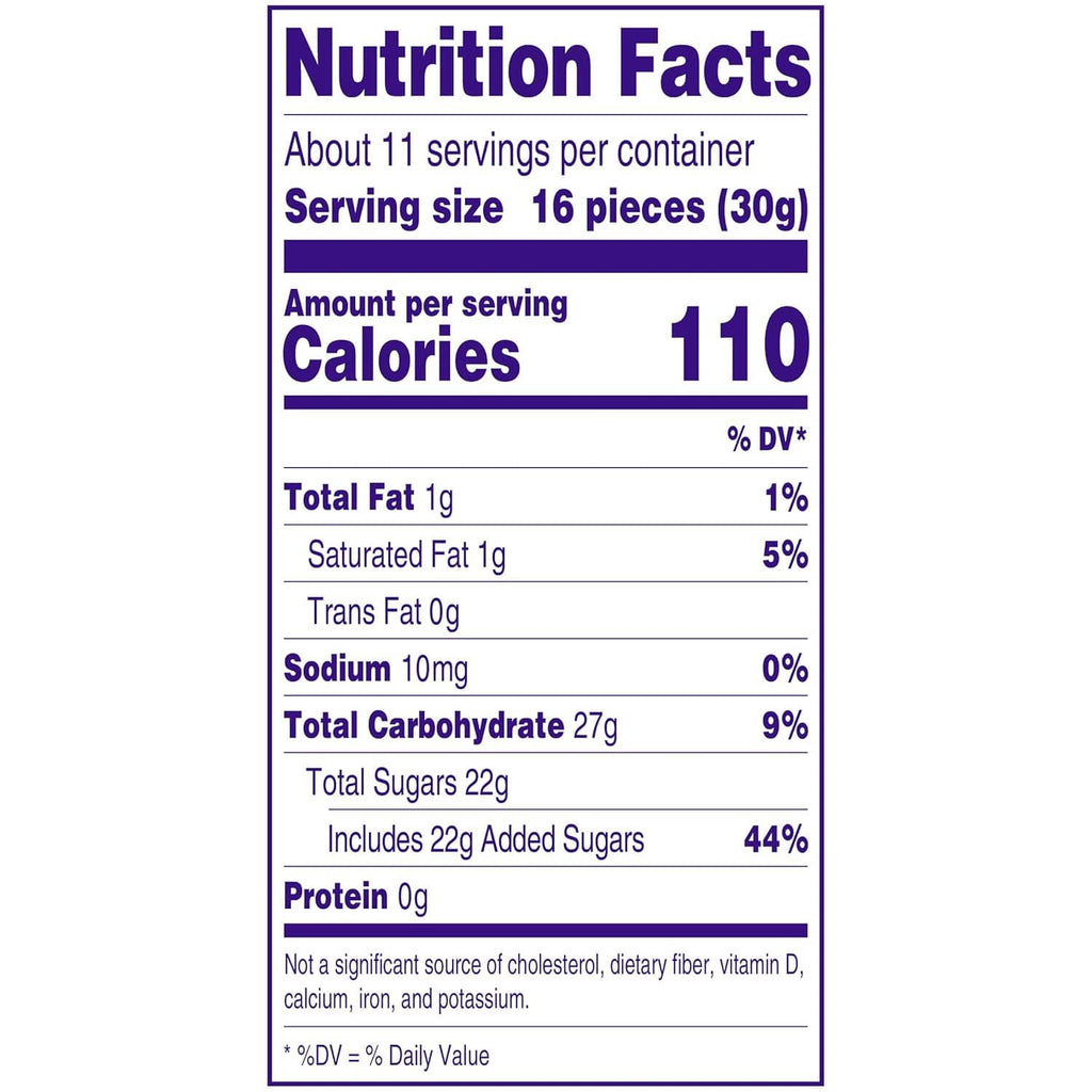 Hard candy bag Nutrition Facts panel with serving and calorie information
