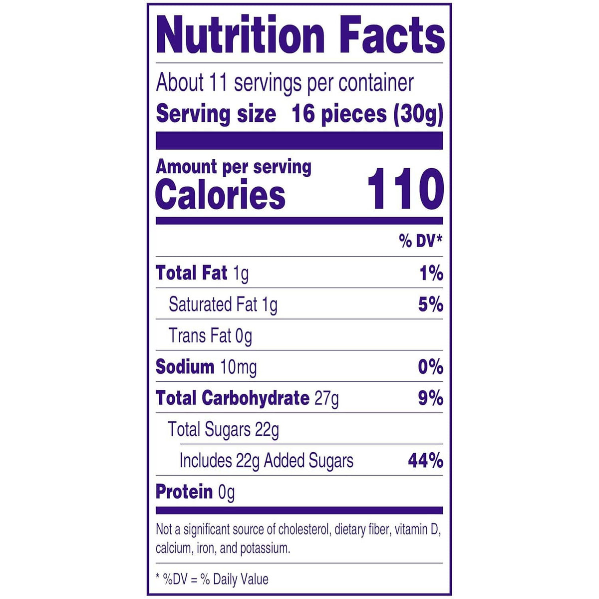 Hard candy bag Nutrition Facts panel with serving and calorie information
