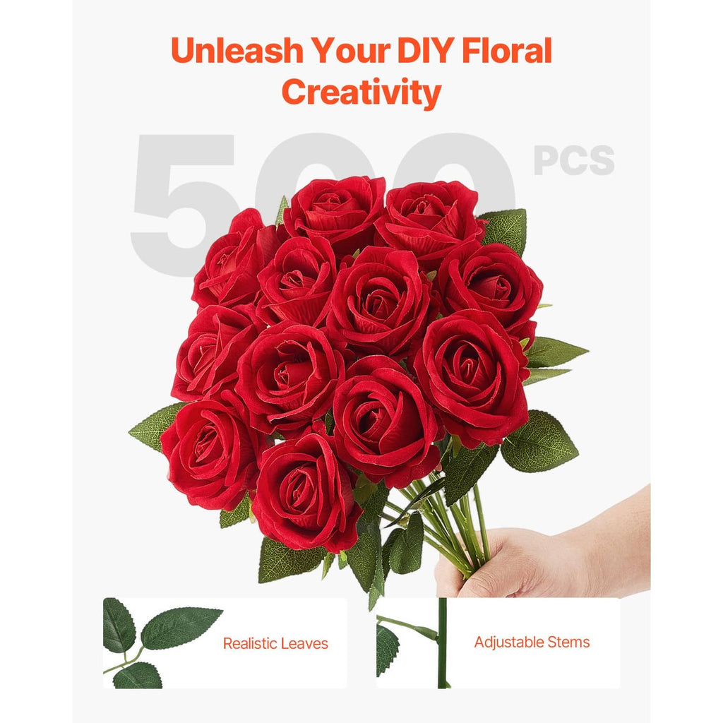 Red artificial rose bouquet with green leaves and adjustable stems