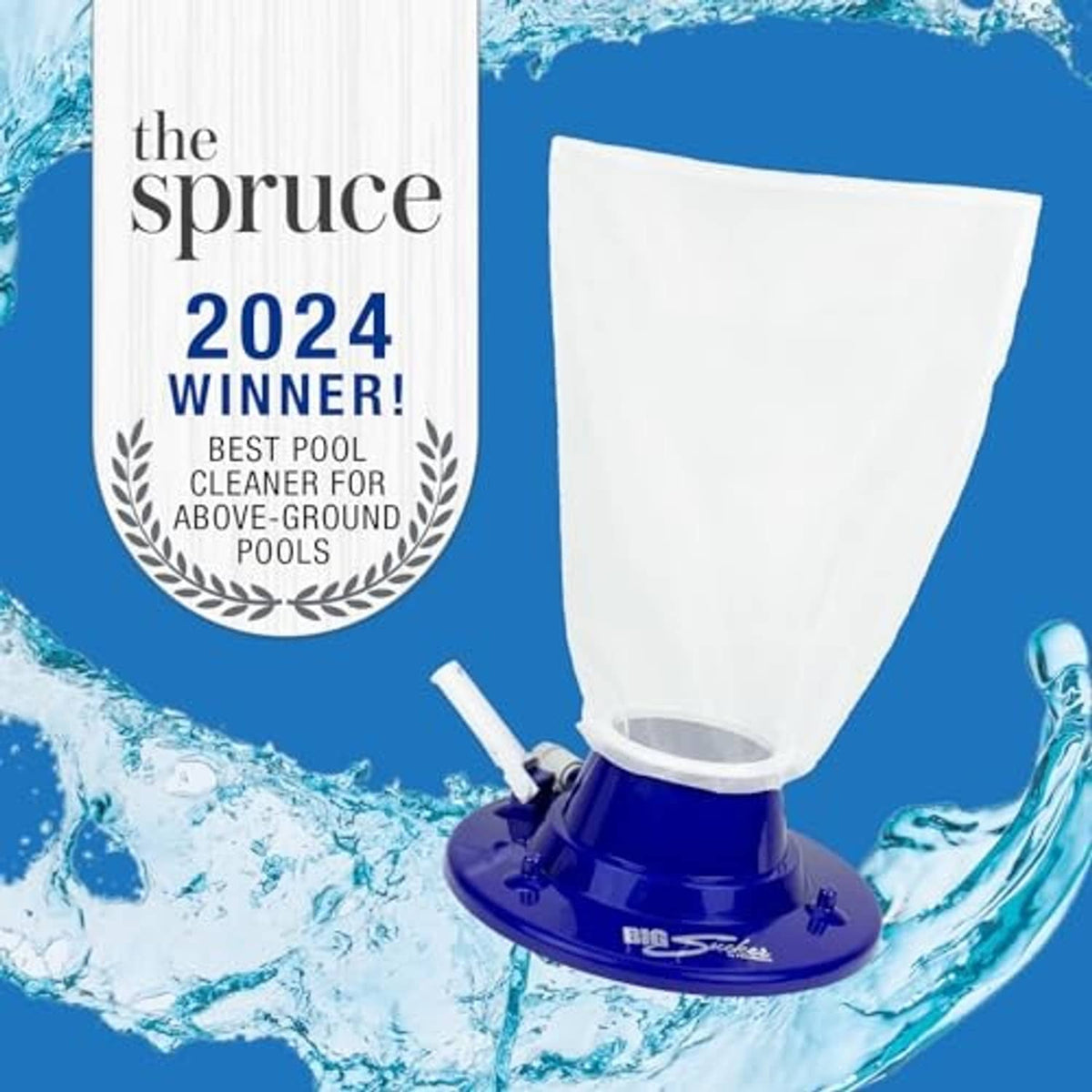 Blue pool leaf vacuum head with white debris bag and round suction base