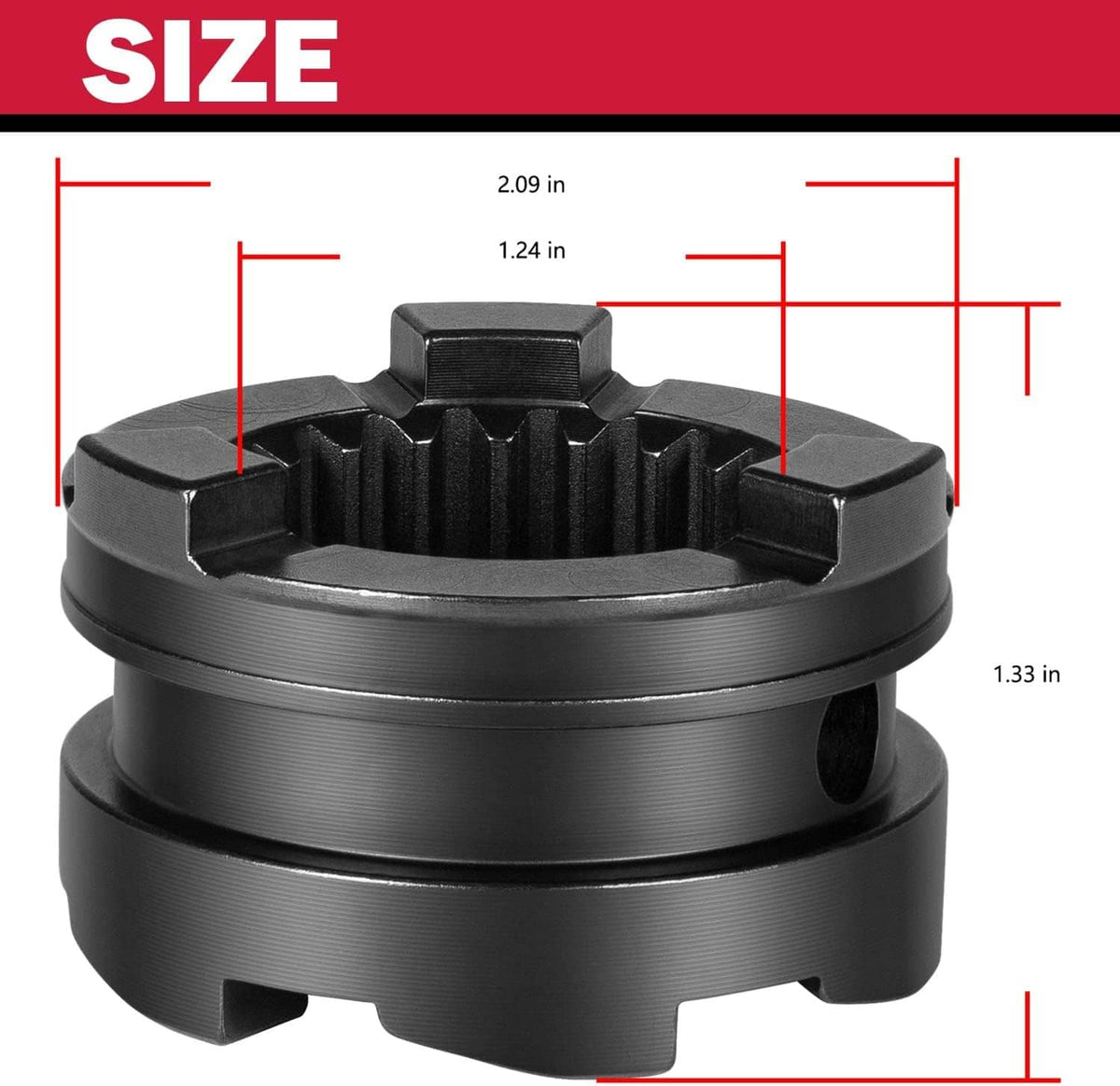 Black reverse clutch dog gear with measurement view and three jaw outer profile