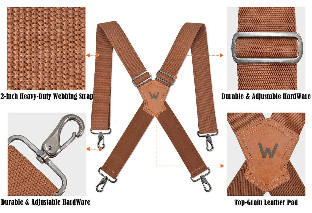 Brown woven webbing strap with metal connectors and top-grain leather reinforcement pad