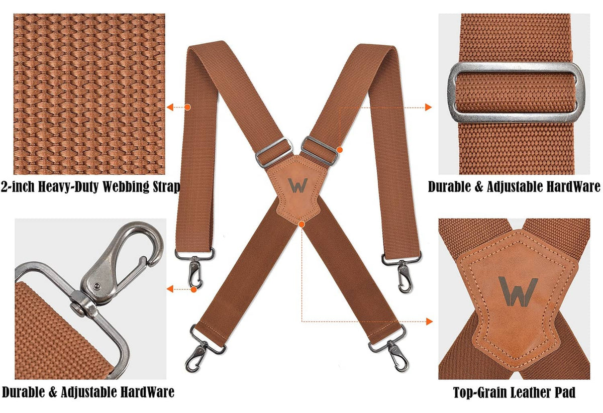 Brown woven webbing strap with metal connectors and top-grain leather reinforcement pad