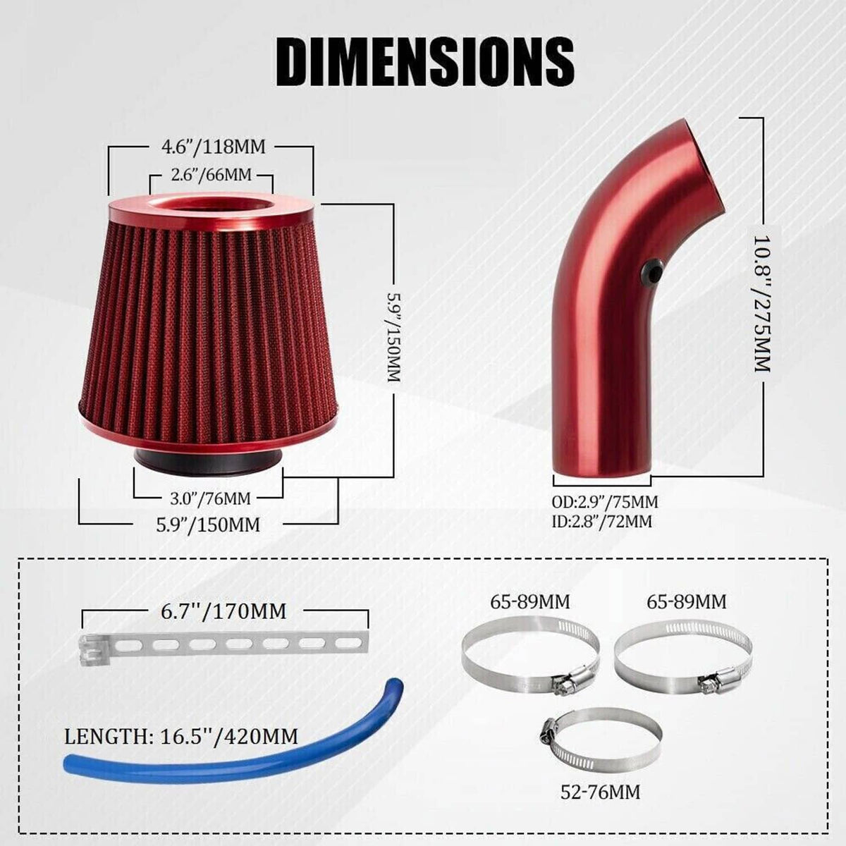 Cold air intake filter kit showing red cone filter and curved red aluminum pipe