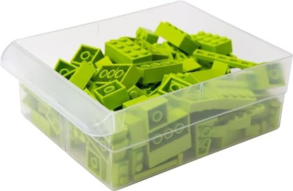 Clear plastic storage bin with green interlocking building blocks