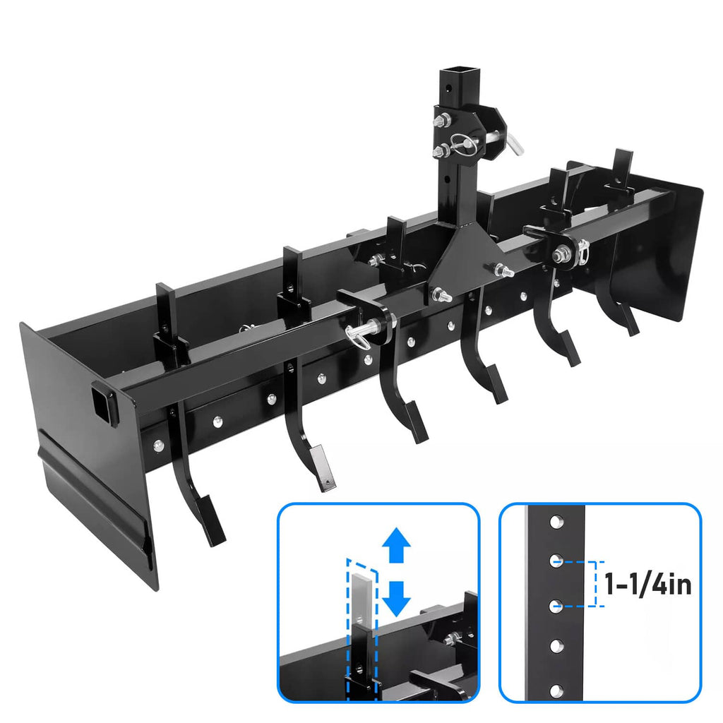 Tow-behind box scraper blade with three-point quick hitch, black steel and angled cutting teeth
