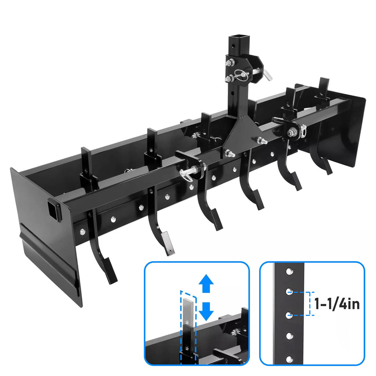 Tow-behind box scraper blade with three-point quick hitch, black steel and angled cutting teeth