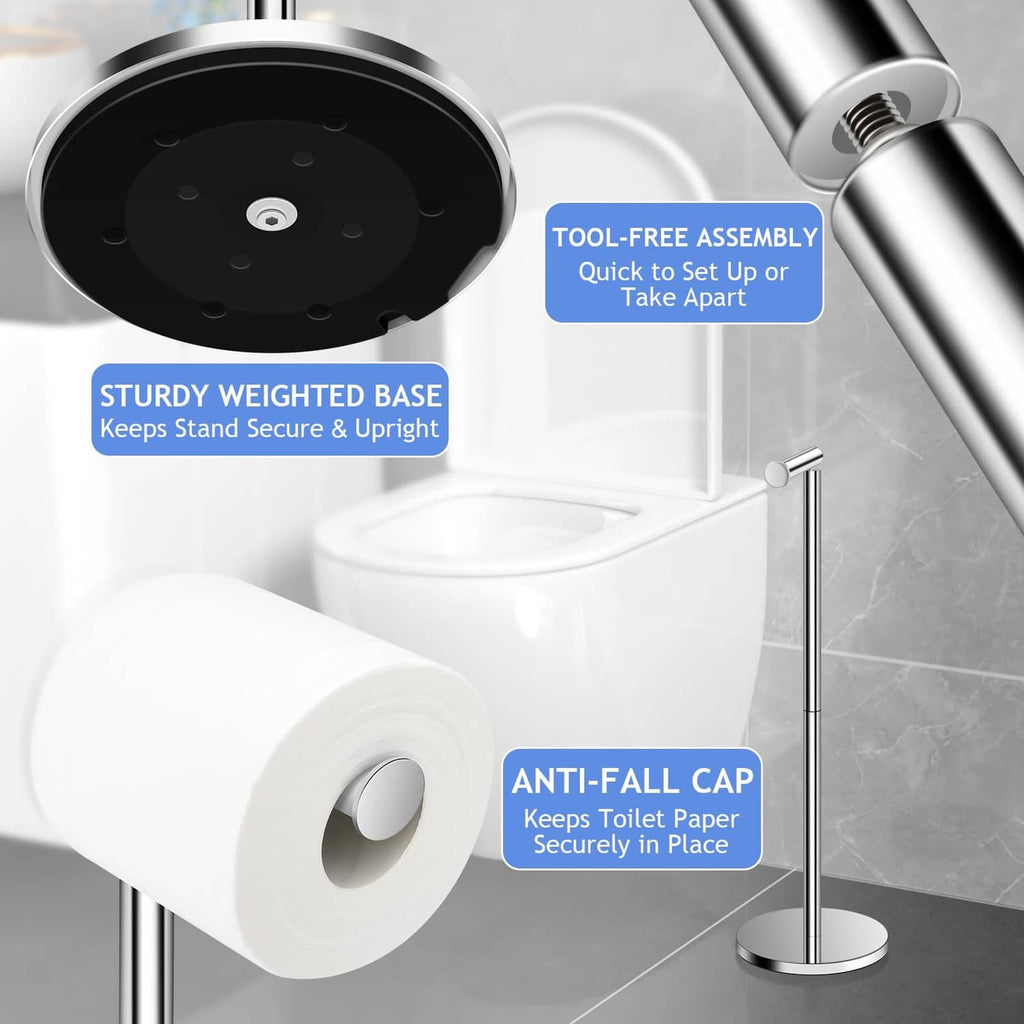 Freestanding toilet paper holder stand with anti-fall cap and chrome post, open toilet roll