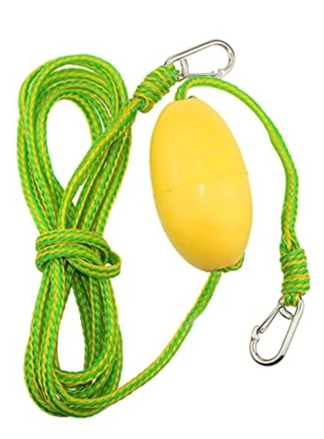 Screw anchor system with green rope line and yellow buoy with metal hooks