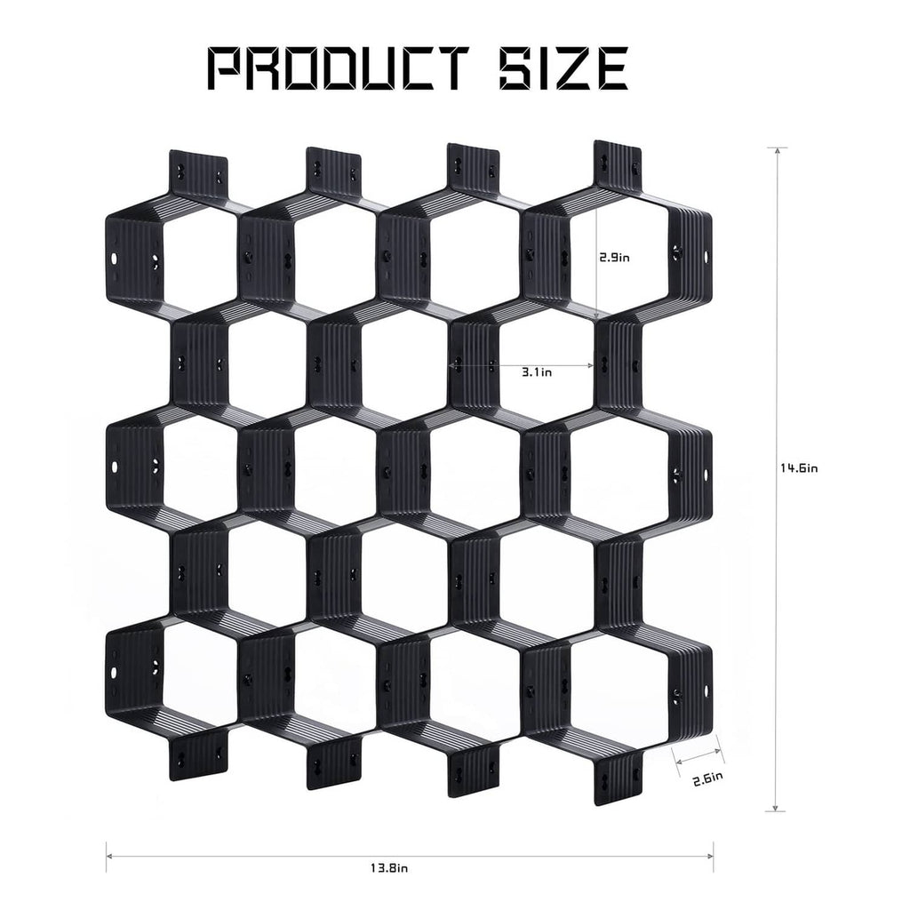 Black honeycomb drawer divider grid with interlocking cubby cells and size markings
