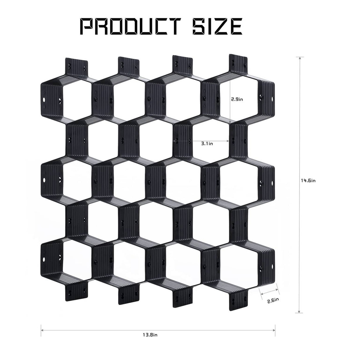 Black honeycomb drawer divider grid with interlocking cubby cells and size markings