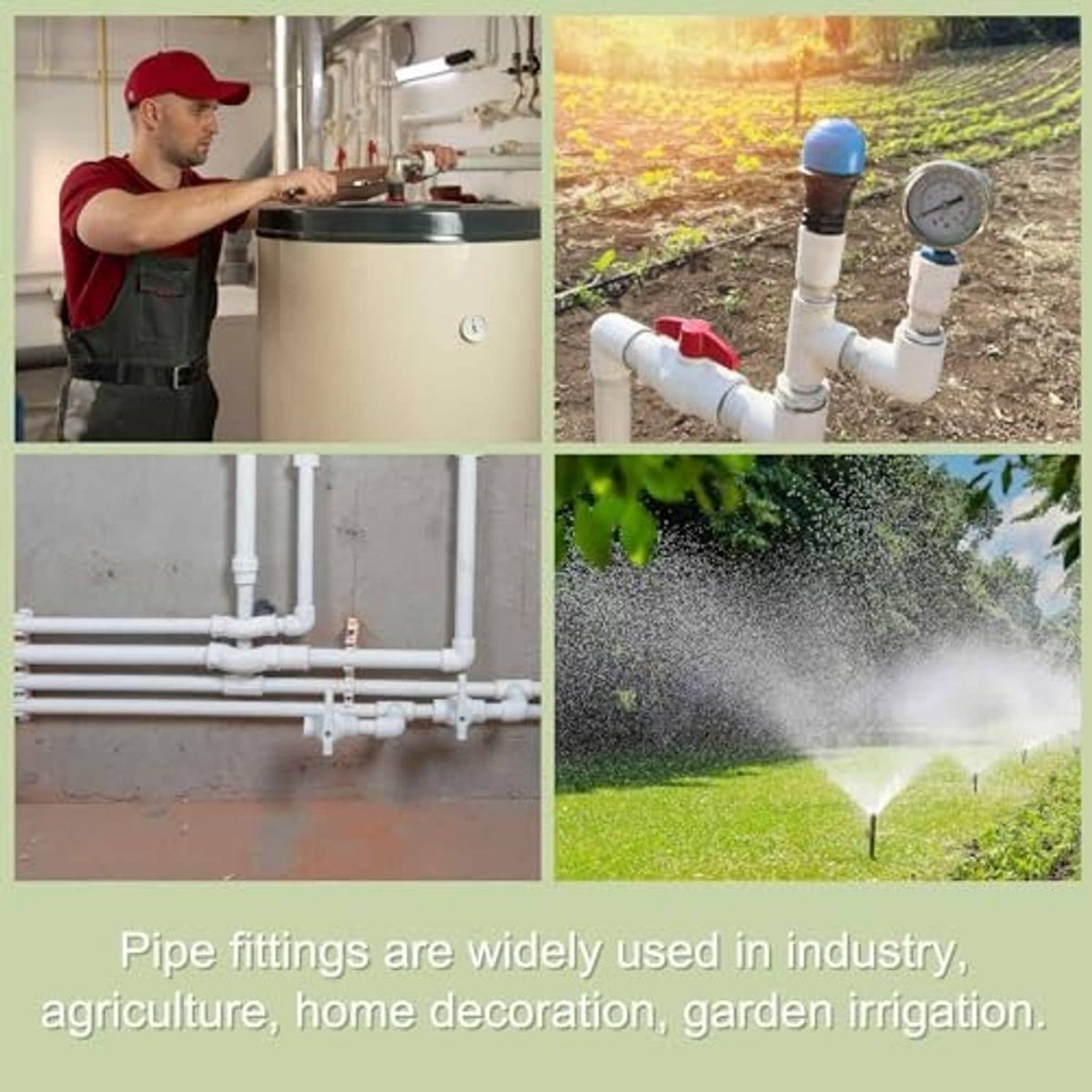 PVC pipe fittings in use for indoor plumbing and outdoor irrigation, collage view