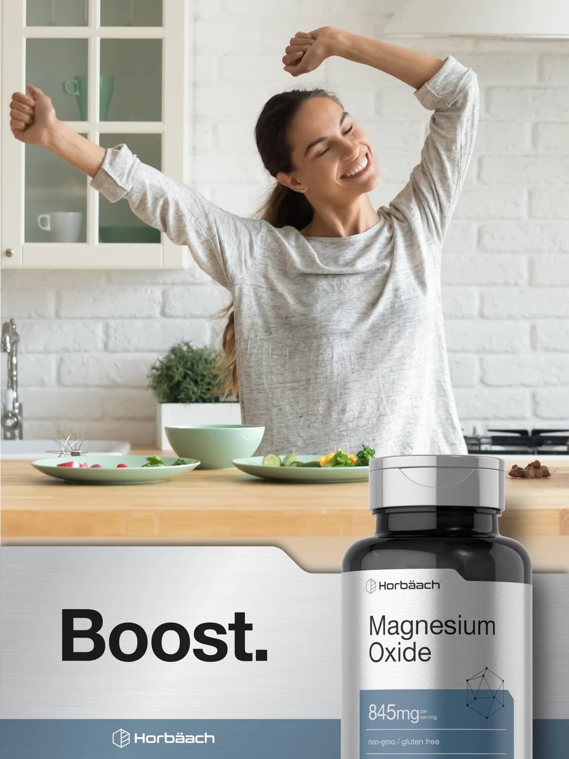 Magnesium oxide supplement bottle beside a stretching woman in a bright kitchen