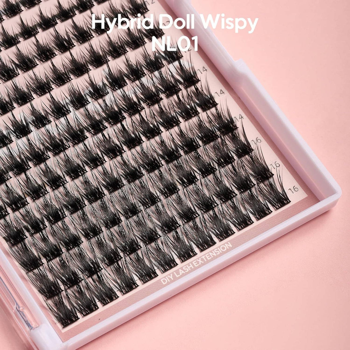 Wispy false eyelash extension strip set in a pink tray case, close angle