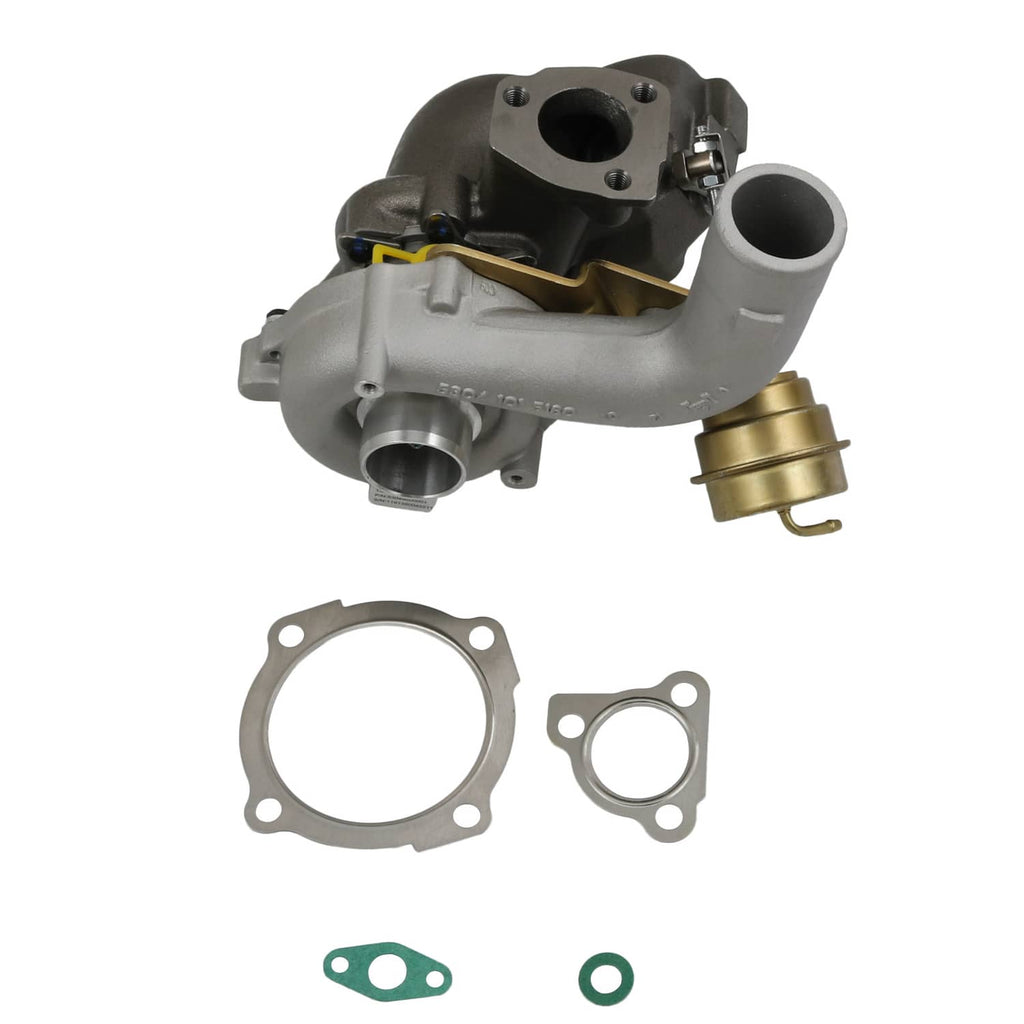 Turbocharger upgrade with silver housing, gold compressor, and included mounting gaskets