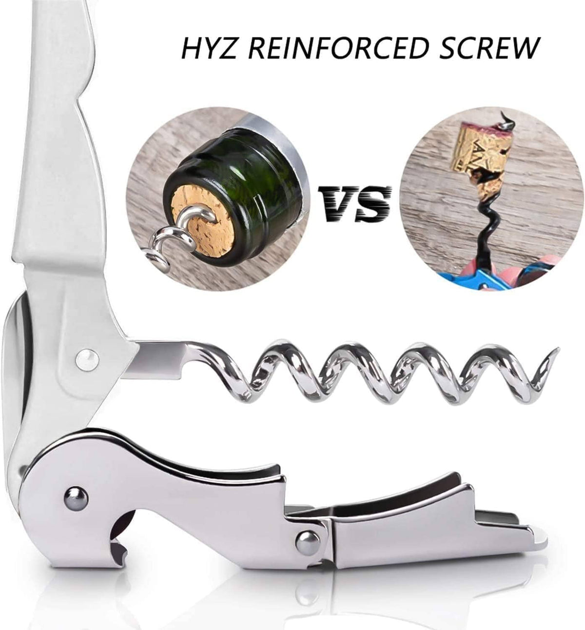 White chrome wine corkscrew key with reinforced screw spiral and lever