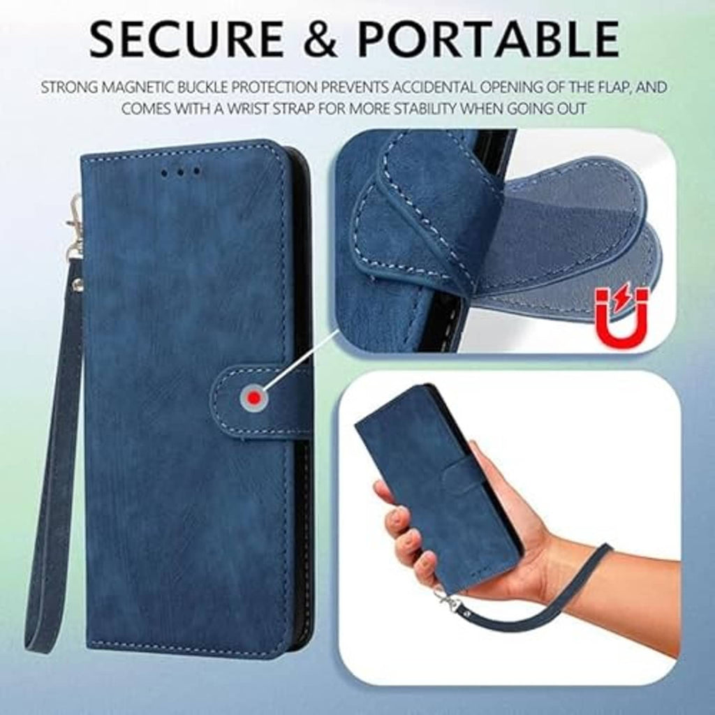 Blue magnetic phone wallet case with secure clasp and wrist strap