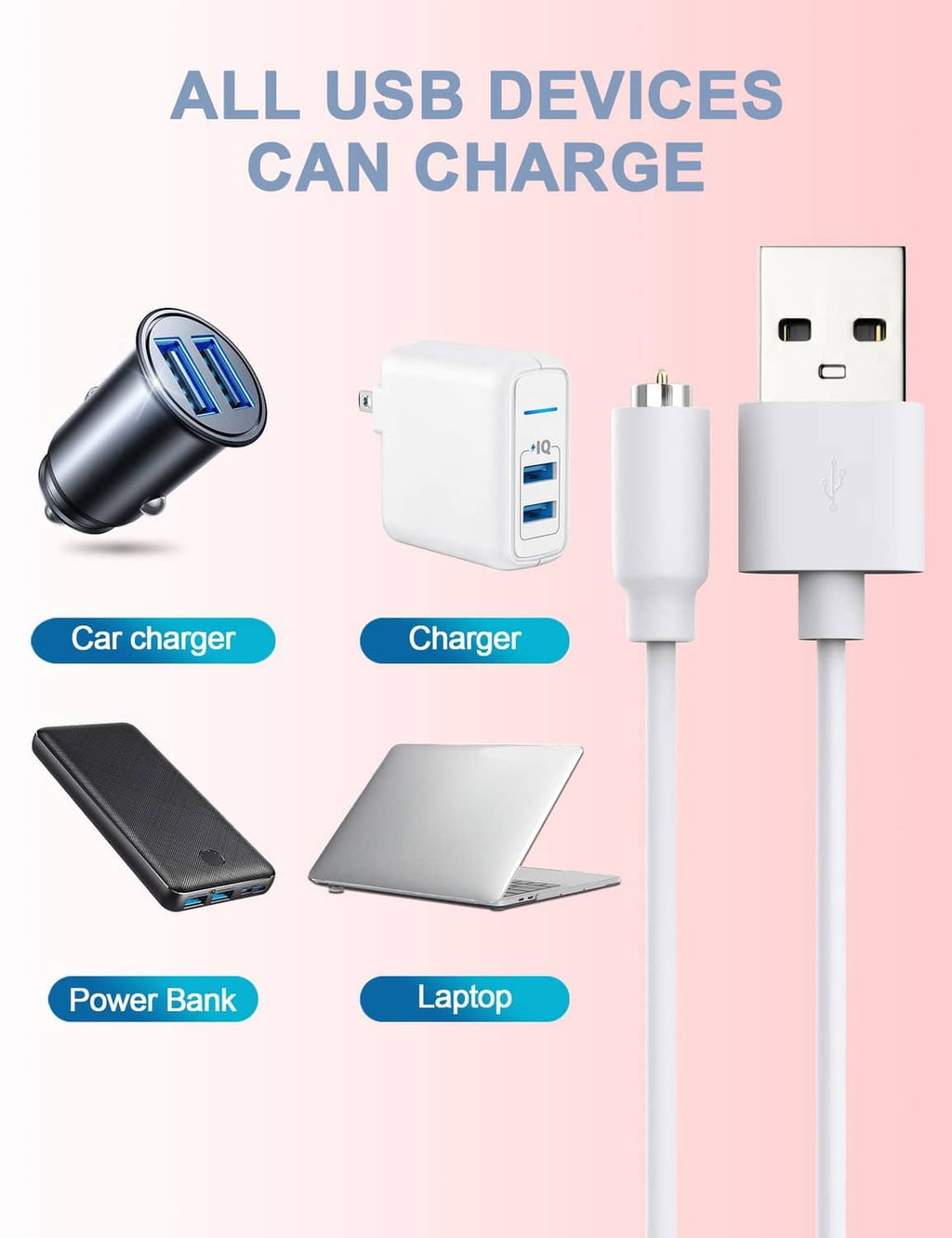 White USB charging cable with USB-A plug and magnetic DC connector