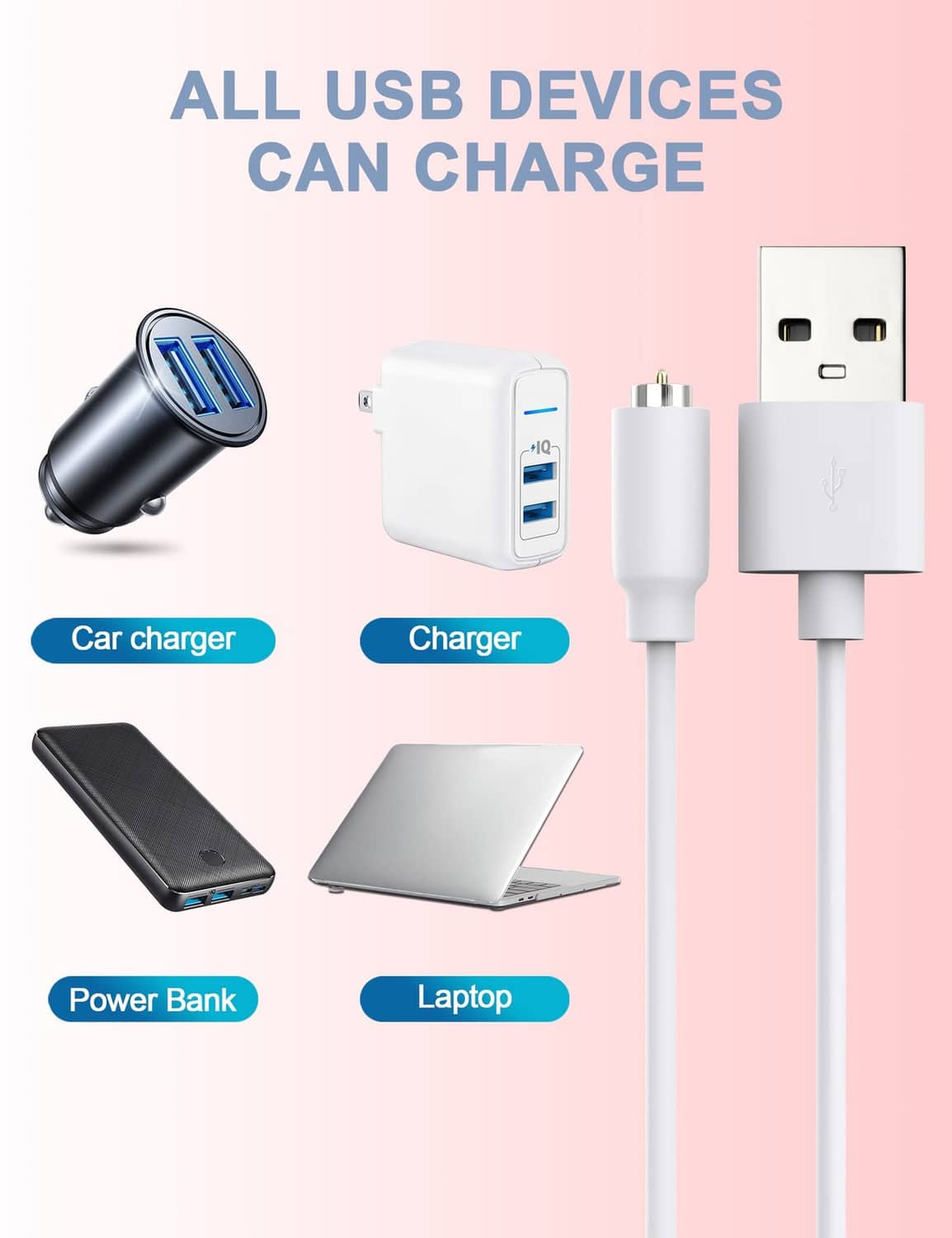 White USB charging cable with USB-A plug and magnetic DC connector