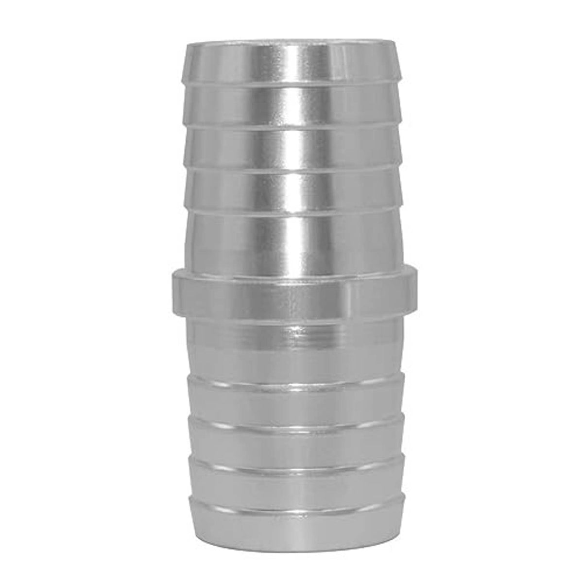 Metal 5/8 in hose barb coupler reducer with smooth stepped ports and ridges.