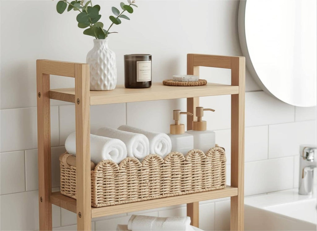 Beige scalloped woven toilet paper storage basket with woven open front