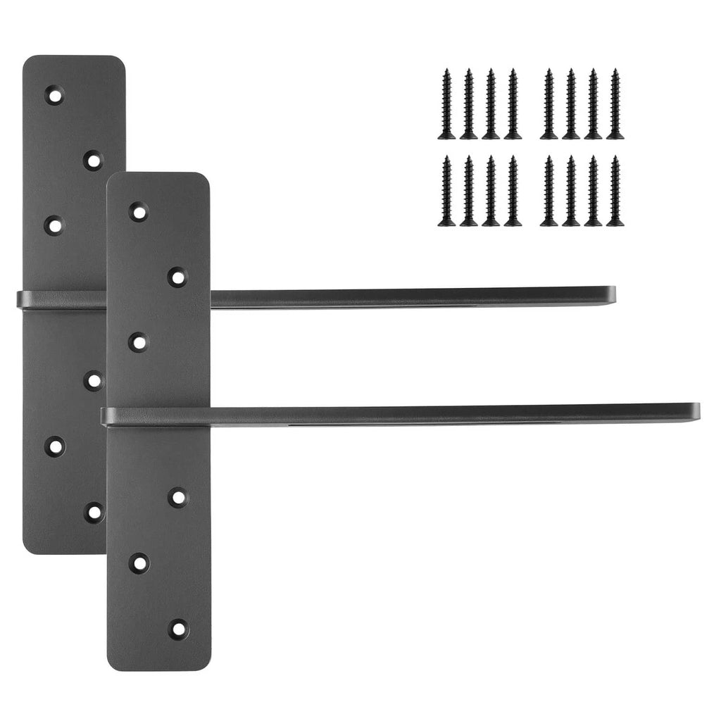 Two matte black floating shelf brackets, L-shaped steel with mounting holes and long arms.
