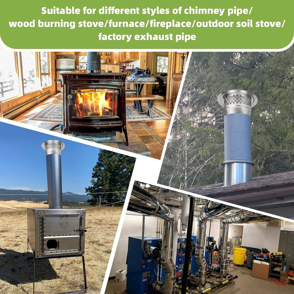 Chimney cap for stove or fireplace exhaust pipe with cone top and screen