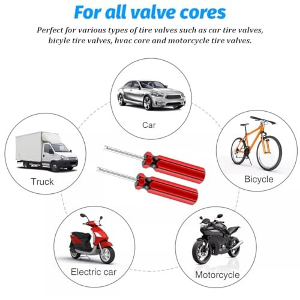 Red-and-black valve core remover tool shown with vehicle use illustrations