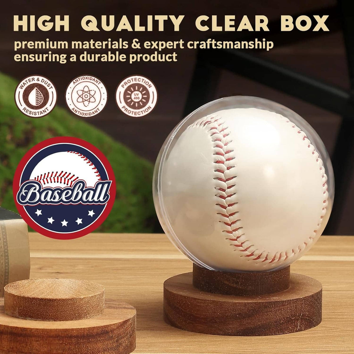 Clear round baseball holder with baseball on brown wooden base