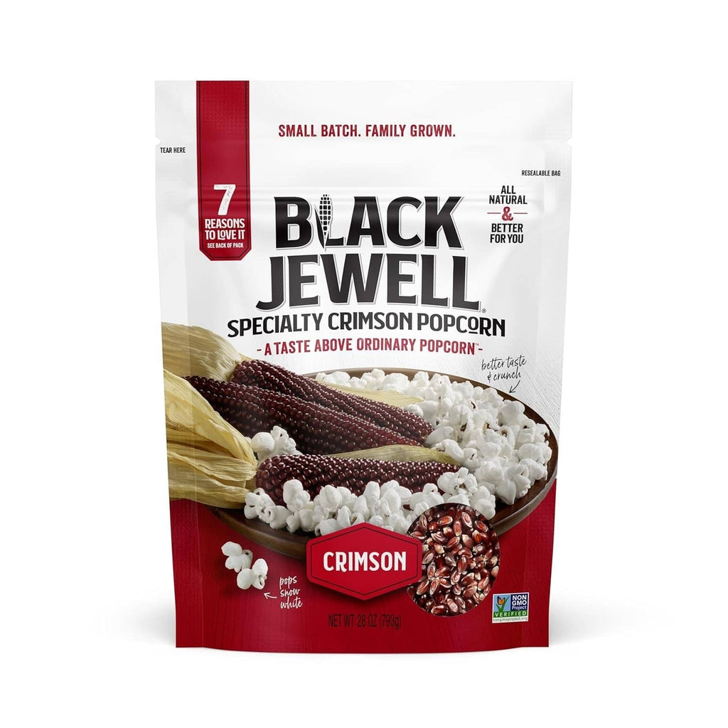 Black Jewell specialty crimson popcorn pouch, red and white package with kernels graphics