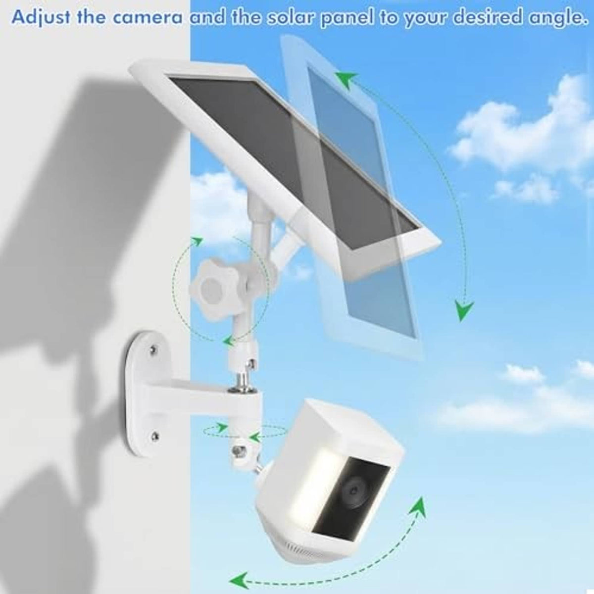 Adjustable wall mount showing tilt angles for solar panel and camera